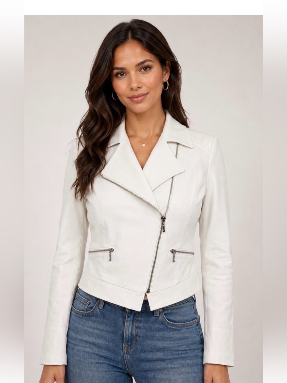 White House black market  White Asymmetric Leather Moto Jacket